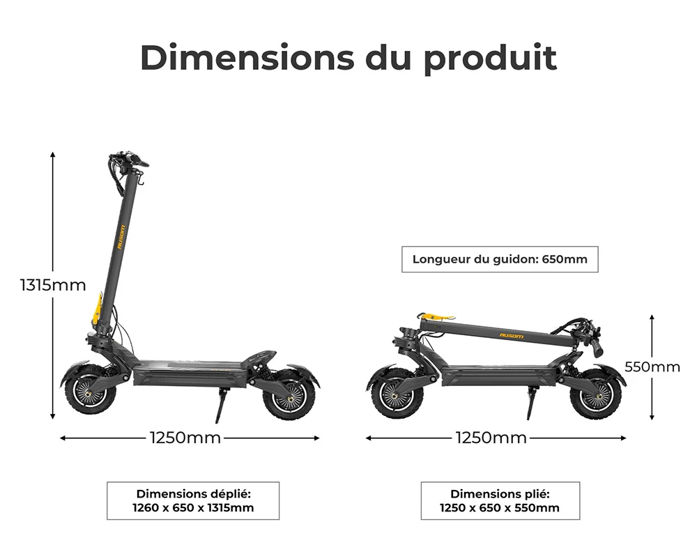 Trottinette électrique Ausom F1 Max, moteur 2 x 1 400 W, batterie 60 V 20,8 Ah, pneus 10 pouces, vitesse maximale 72 km/h, autonomie maximale 100 km, freins à disque hydrauliques avant et arrière, verrouillage NFC et par code