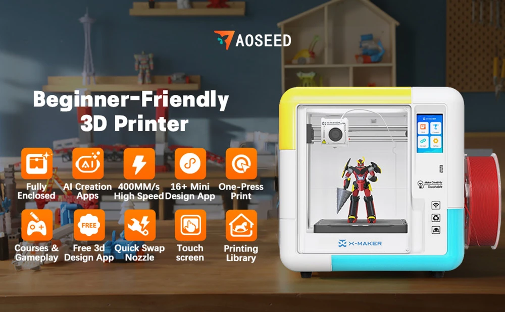 AOSEED X-MAKER AI+ V4.0 Imprimante 3D, Précision de 0.05mm, Vitesse d’impression de 400mm/s, Volume de construction de 150x150x150mm, Température de la buse de 260℃, Totalement fermée, Wi-Fi et reprise de l’impression, Adaptée aux enfants avec plu