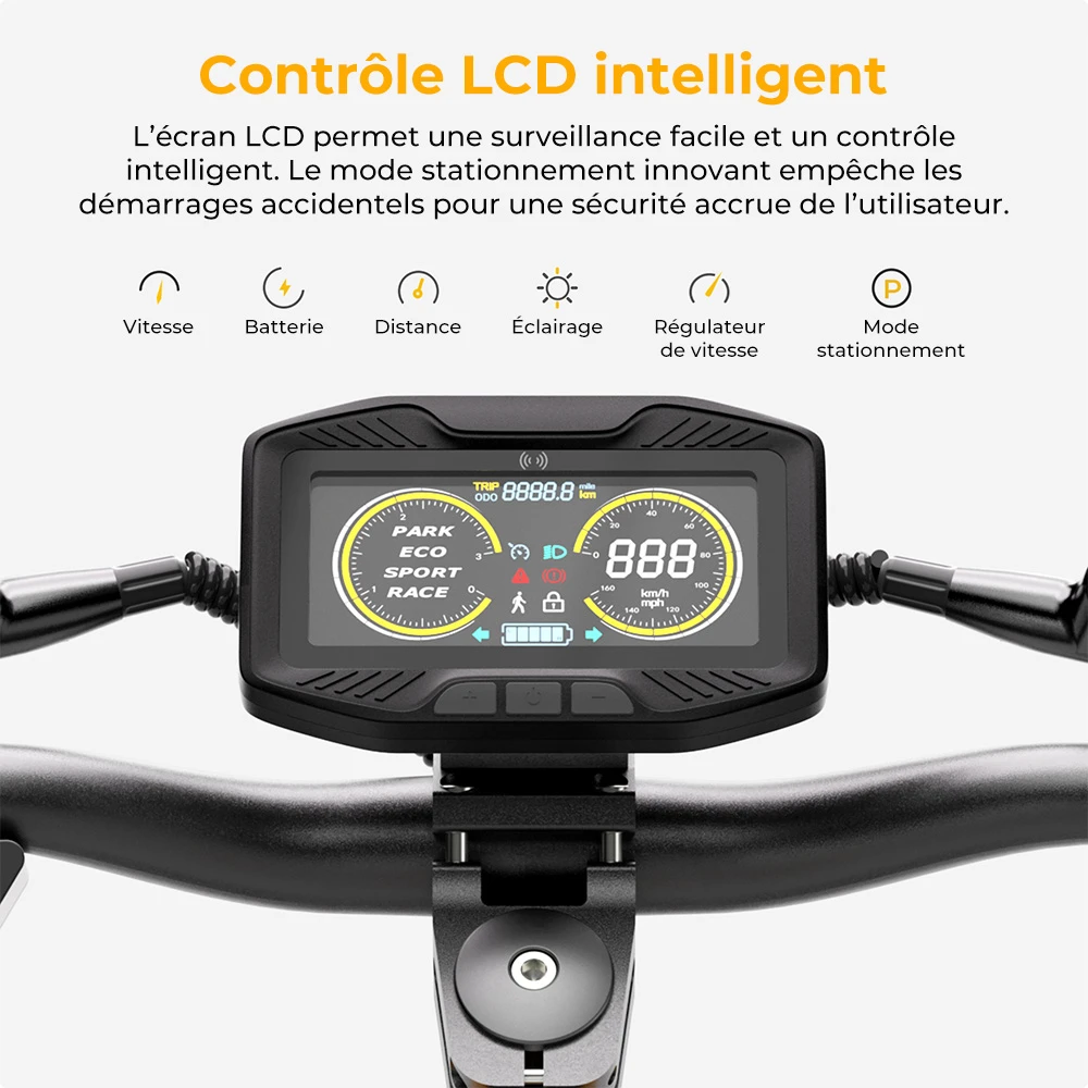 Trottinette électrique Ausom SR1, moteur 2 x 1 000 W, batterie 52 V 20,8 Ah, pneus 10 pouces, vitesse maximale 65 km/h, autonomie 95 km, freins à disque hydrauliques avant et arrière, suspension à bras oscillant