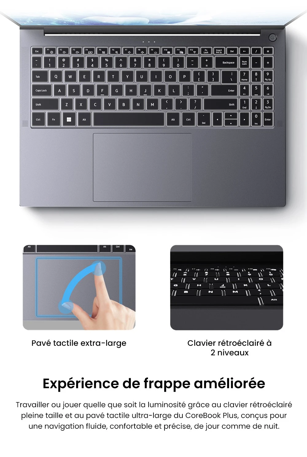 Ordinateur portable CHUWI CoreBook Plus, écran IPS 16 pouces 1920 x 1200, AMD Ryzen 5 7430U 6 cœurs cadencé à 4,3 GHz maximum, 16 Go de RAM, 512 Go de SSD, Wi-Fi 6, Bluetooth 5.2, 2 ports Type-C complets, 2 ports USB 3.2, 1 port USB 2.0, 1 emplacement pour carte TF, 1 port HDMI, 1 port RJ45, 1 port audio