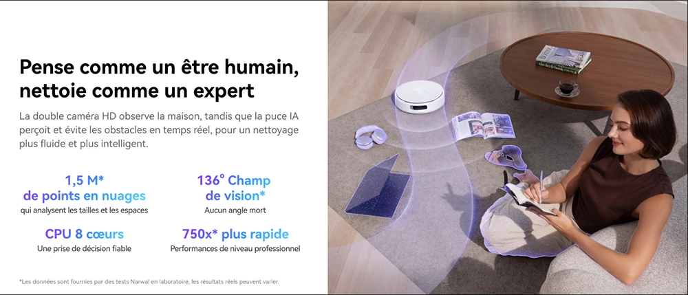 Narwal Freo Flow Aspirateur Robot et Serpillière, Aspiration 22 000Pa, Évitement d’Obstacles par IA à Double Caméra, Serpillière à Eau Chaude, Nettoyage des Tapis et Bords, Vidage Automatique, Sac à Poussière 2,5L, Commande Vocale - Blanc