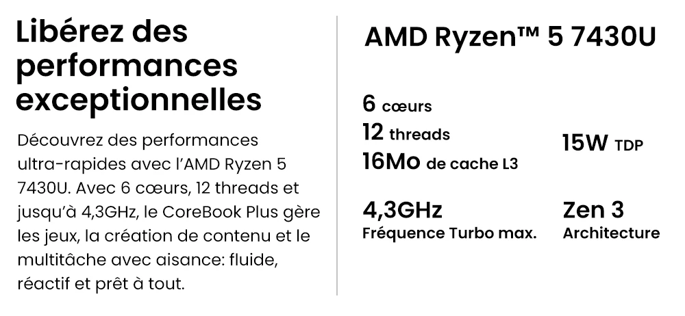 CHUWI CoreBook Plus Ordinateur portable, écran IPS 16 pouces 1920x1200, AMD Ryzen 5 7430U 6 cœurs max 4.3GHz, 16GB RAM 512GB SSD, WiFi 6 Bluetooth 5.2, 2*Type-C complet, 2*USB3.2, 1*USB2.0, 1*Emplacement pour carte TF, 1*HDMI, 1*RJ45, 1 * audio