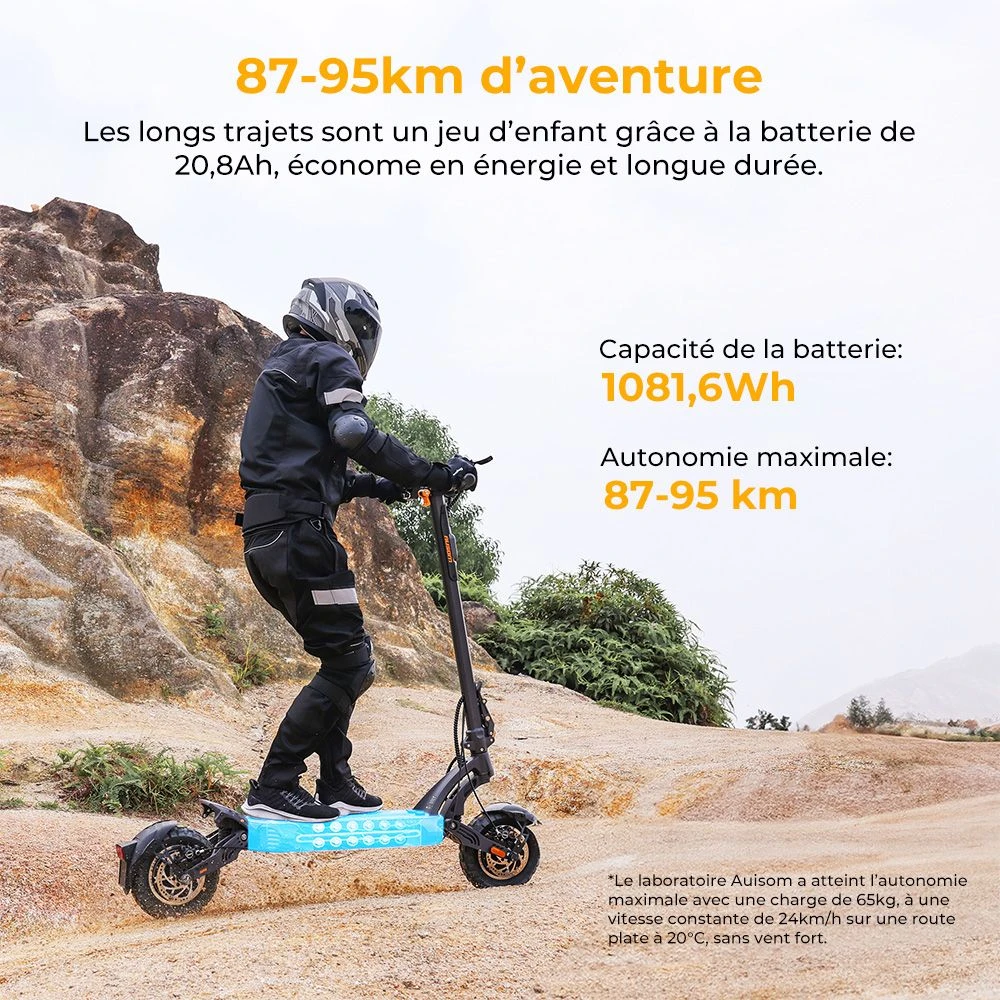 Trottinette électrique Ausom SR1, moteur 2 x 1 000 W, batterie 52 V 20,8 Ah, pneus 10 pouces, vitesse maximale 65 km/h, autonomie 95 km, freins à disque hydrauliques avant et arrière, suspension à bras oscillant