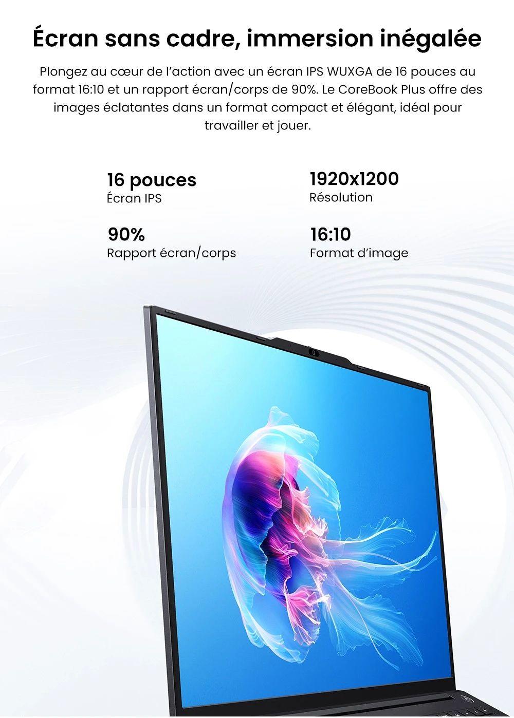 Ordinateur portable CHUWI CoreBook Plus, écran IPS 16 pouces 1920 x 1200, AMD Ryzen 5 7430U 6 cœurs cadencé à 4,3 GHz maximum, 16 Go de RAM, 512 Go de SSD, Wi-Fi 6, Bluetooth 5.2, 2 ports Type-C complets, 2 ports USB 3.2, 1 port USB 2.0, 1 emplacement pour carte TF, 1 port HDMI, 1 port RJ45, 1 port audio