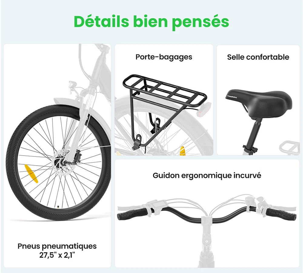 Touroll J1 Pro Vélo électrique, moteur 250 W, batterie 36 V 15,6 Ah, pneus 27,5 pouces, vitesse maximale 25 km/h, autonomie 100 km, frein à disque hydraulique, suspension avec blocage, Shimano 7 vitesses