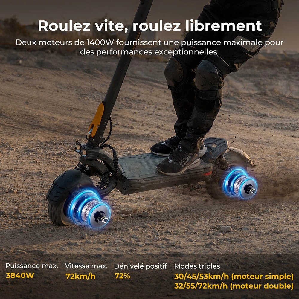 Trottinette électrique Ausom F1 Max, moteur 2 x 1 400 W, batterie 60 V 20,8 Ah, pneus 10 pouces, vitesse maximale 72 km/h, autonomie maximale 100 km, freins à disque hydrauliques avant et arrière, verrouillage NFC et par code