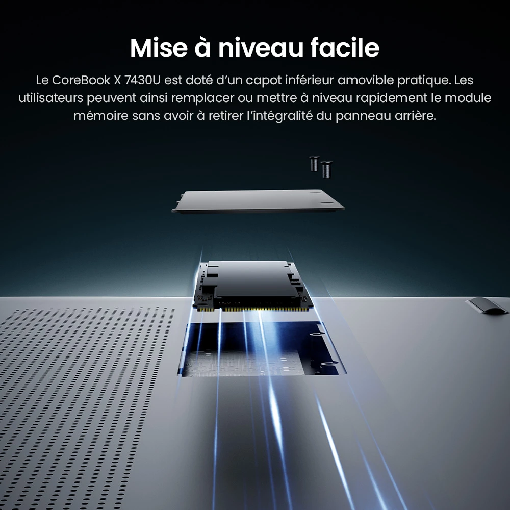 Ordinateur portable CHUWI CoreBook X, écran 14 pouces 2160 x 1440, processeur AMD Ryzen 5 7430U 6 cœurs cadencé à 4,3 GHz maximum, 16 Go de RAM, SSD 512 Go, Wi-Fi 6, Bluetooth 5.2, batterie 4 000 mAh, clavier rétroéclairé, 1 port Type-C complet, 2 ports USB 3.0, 1 port HDMI 1.4, 1 emplacement pour carte TF, 1 prise casque.