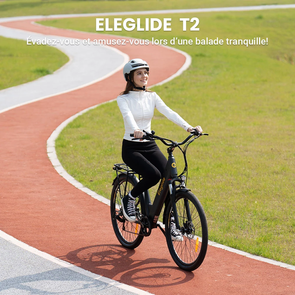 Vélo électrique Eleglide T2, moteur 250 W, batterie 36 V 13 Ah, pneus 27,5 x 2,1 pouces, vitesse maximale 25 km/h, autonomie maximale 100 km, freins à disque hydrauliques, fourche à suspension avec blocage, Shimano 7 vitesses, écran LCD, contrôle par application