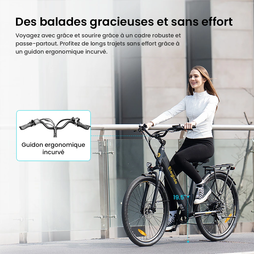 Vélo électrique Eleglide T2, moteur 250 W, batterie 36 V 13 Ah, pneus 27,5 x 2,1 pouces, vitesse maximale 25 km/h, autonomie maximale 100 km, freins à disque hydrauliques, fourche à suspension avec blocage, Shimano 7 vitesses, écran LCD, contrôle par application
