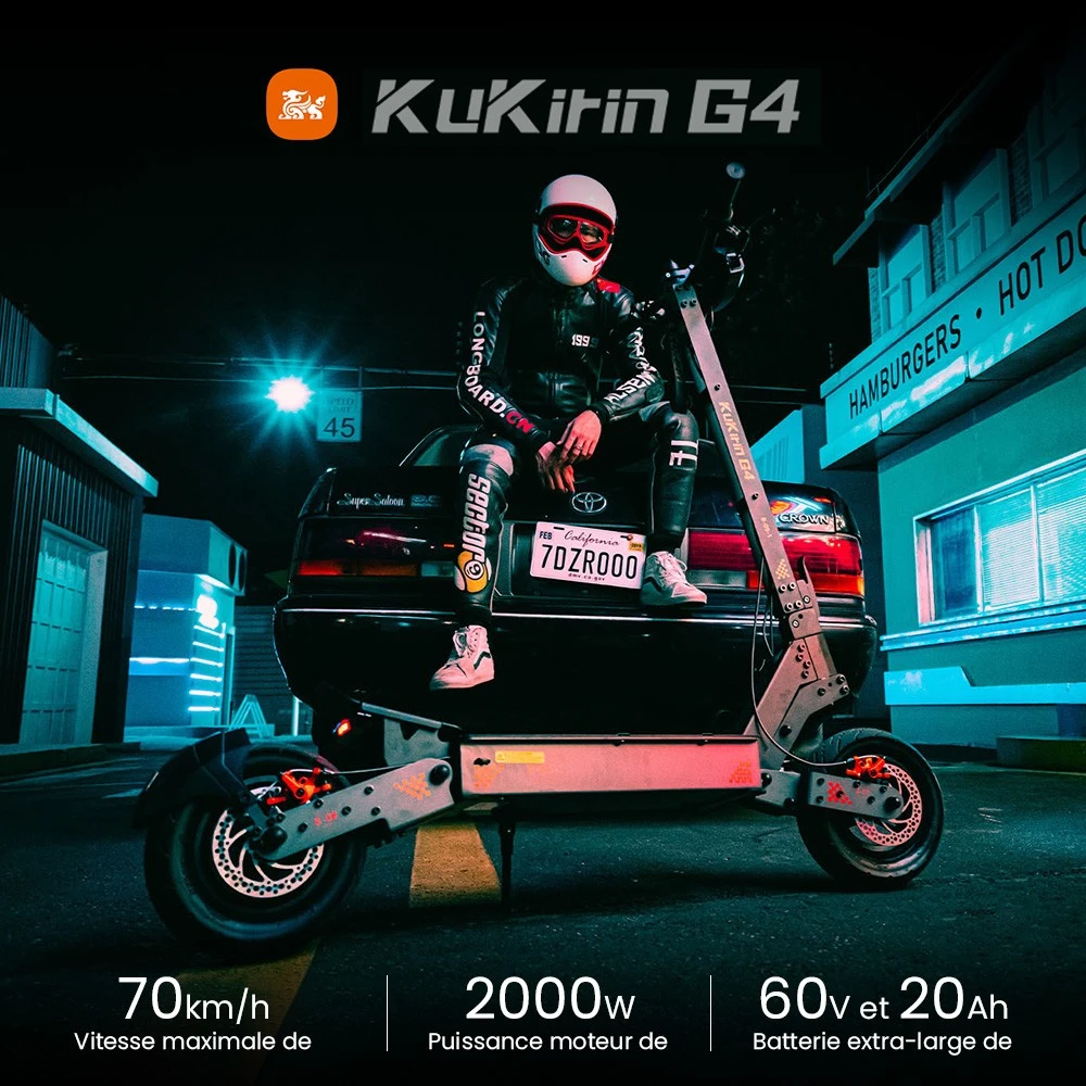 KuKirin G4 Trottinette électrique, moteur 2 x 1 000 W, batterie 60 V 20 Ah, pneus 11 pouces, vitesse maximale 70 km/h, autonomie 75 km, freins à disque avant et arrière, amortisseur à quatre bras