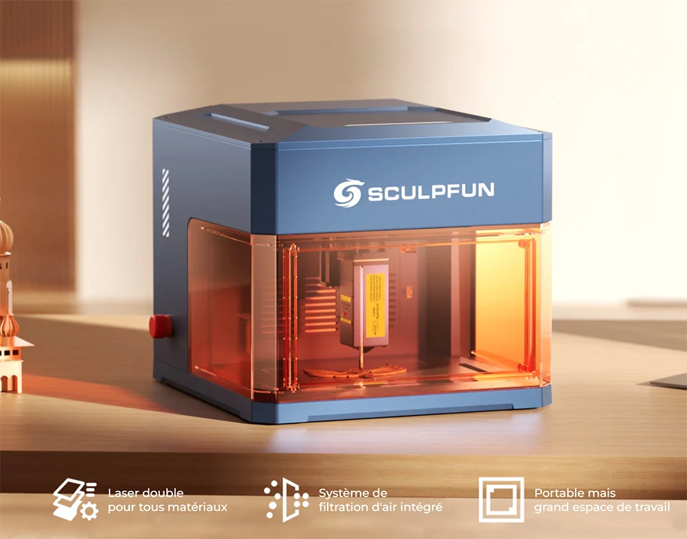 SCULPFUN iCube Ultra Dual 12W + 1.2W Graveur Laser Précis – Spot 0.08/0.03 mm, Filtre à Fumée et Éclairage LED à 4 Modes, Zone de Travail 150x135mm