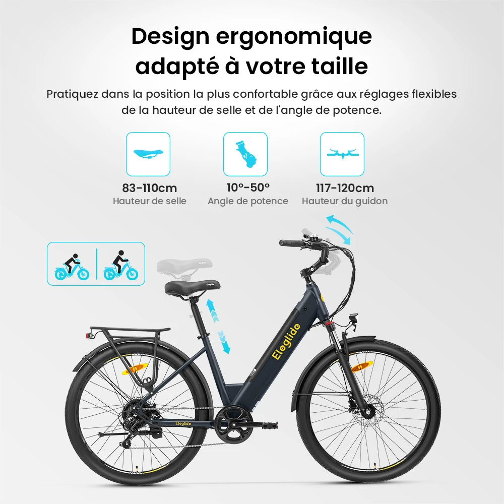 Vélo électrique Eleglide T2, moteur 250 W, batterie 36 V 13 Ah, pneus 27,5 x 2,1 pouces, vitesse maximale 25 km/h, autonomie maximale 100 km, freins à disque hydrauliques, fourche à suspension avec blocage, Shimano 7 vitesses, écran LCD, contrôle par application