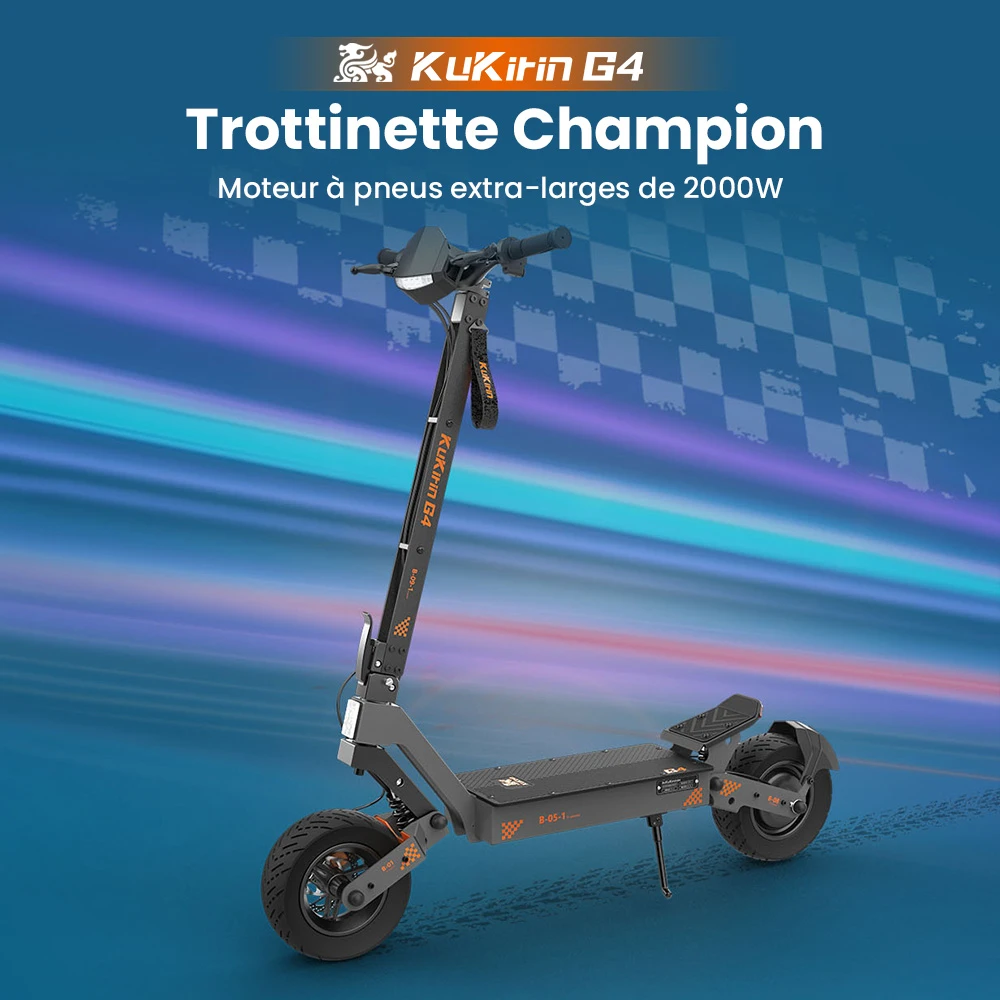 KuKirin G4 Trottinette électrique, moteur 2 x 1 000 W, batterie 60 V 20 Ah, pneus 11 pouces, vitesse maximale 70 km/h, autonomie 75 km, freins à disque avant et arrière, amortisseur à quatre bras