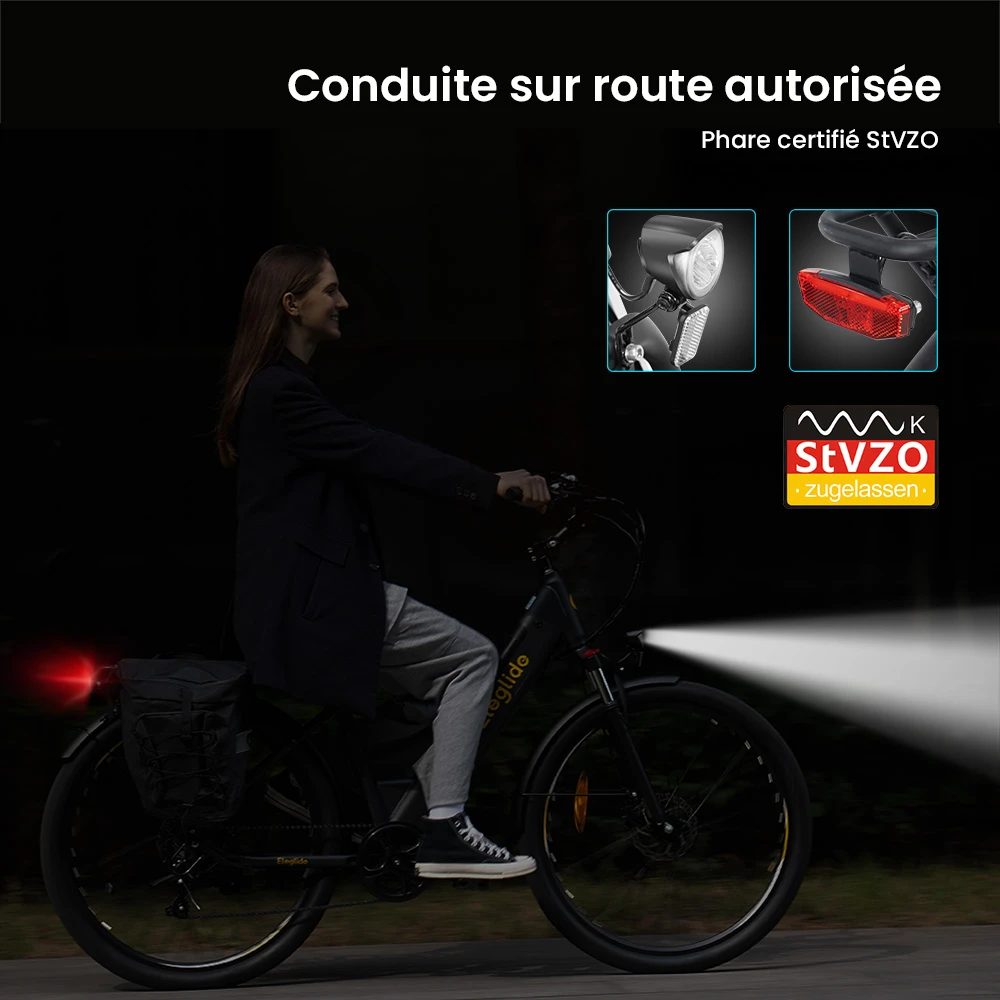 Vélo électrique Eleglide T2, moteur 250 W, batterie 36 V 13 Ah, pneus 27,5 x 2,1 pouces, vitesse maximale 25 km/h, autonomie maximale 100 km, freins à disque hydrauliques, fourche à suspension avec blocage, Shimano 7 vitesses, écran LCD, contrôle par application