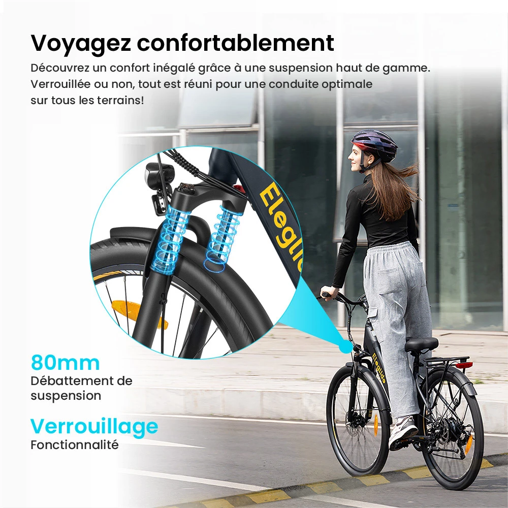 Vélo électrique Eleglide T2, moteur 250 W, batterie 36 V 13 Ah, pneus 27,5 x 2,1 pouces, vitesse maximale 25 km/h, autonomie maximale 100 km, freins à disque hydrauliques, fourche à suspension avec blocage, Shimano 7 vitesses, écran LCD, contrôle par application