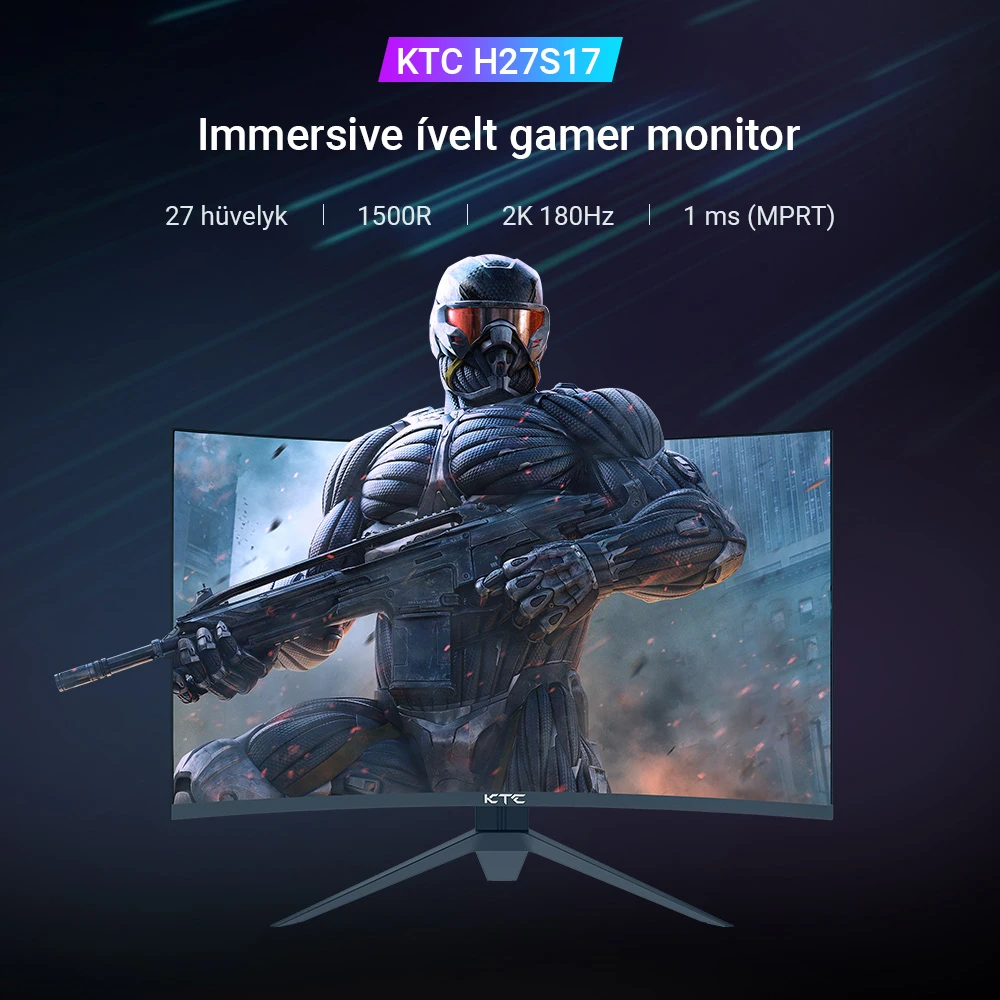 KTC H27S17 27 hüvelykes, 1500R ívelt gamer monitor QHD 2560x1440 16:9 ELED 170Hz 120% sRGB 4000:1 Kontrasztarány 1ms MPRT válaszidő Alacsony mozgás okozta elmosódás FreeSync-kompatibilis G-Sync USB 2xHDMI2.0 2xDP1.4 Audio kimenet VESA tartó