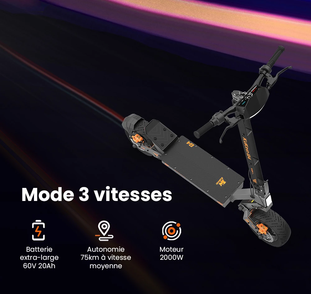 KuKirin G4 Trottinette électrique, moteur 2 x 1 000 W, batterie 60 V 20 Ah, pneus 11 pouces, vitesse maximale 70 km/h, autonomie 75 km, freins à disque avant et arrière, amortisseur à quatre bras