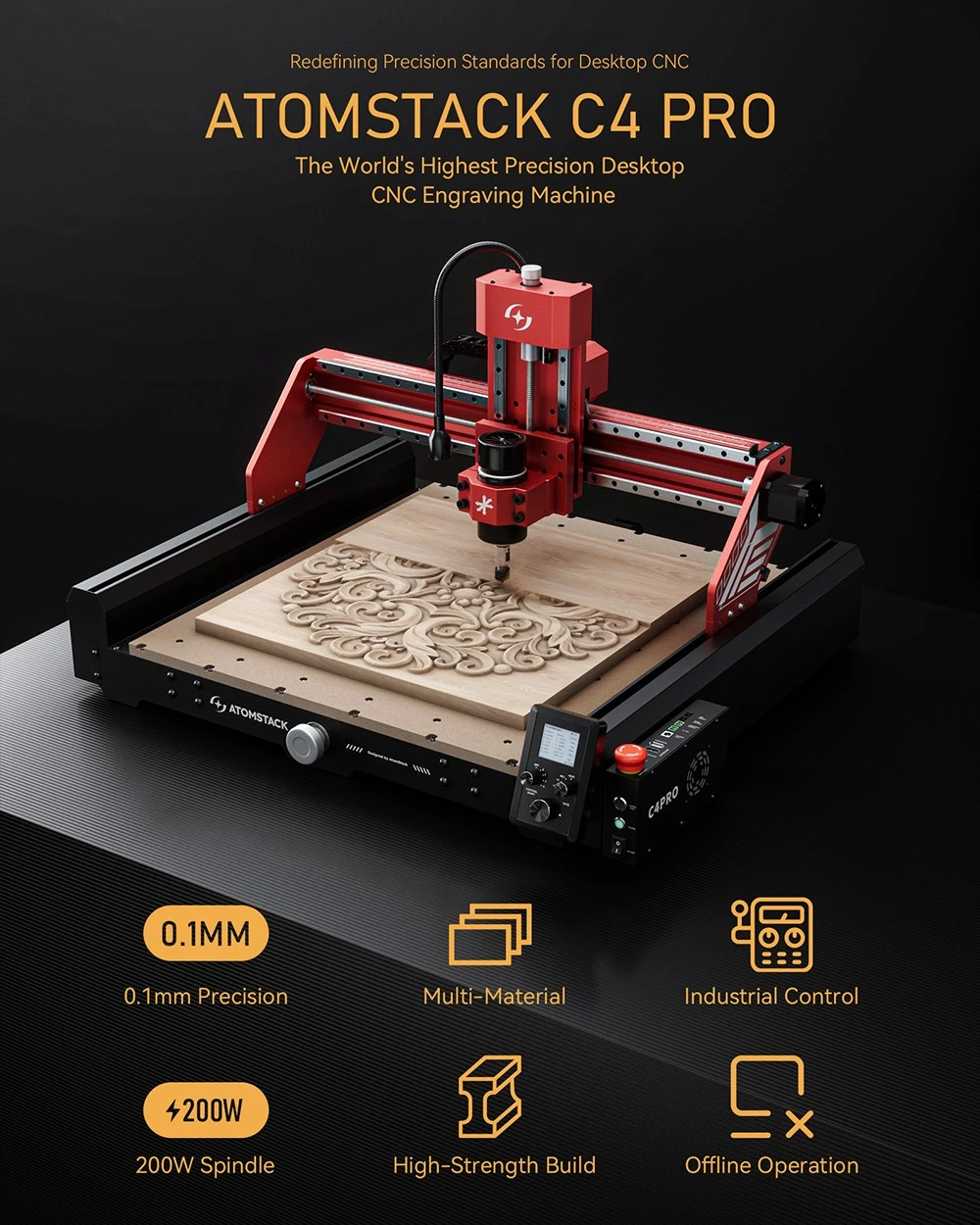 Routeur CNC AtomStack C4 Pro, broche 200 W, commande intelligente 4 axes, précision 0,01 mm, vitesse 2 000 mm/min, 12 000 tr/min, zone de travail 420 x 420 mm, compatible métal/bois/PCB