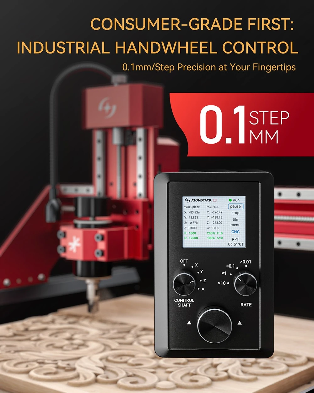 Routeur CNC AtomStack C4 Pro, broche 200 W, commande intelligente 4 axes, précision 0,01 mm, vitesse 2 000 mm/min, 12 000 tr/min, zone de travail 420 x 420 mm, compatible métal/bois/PCB