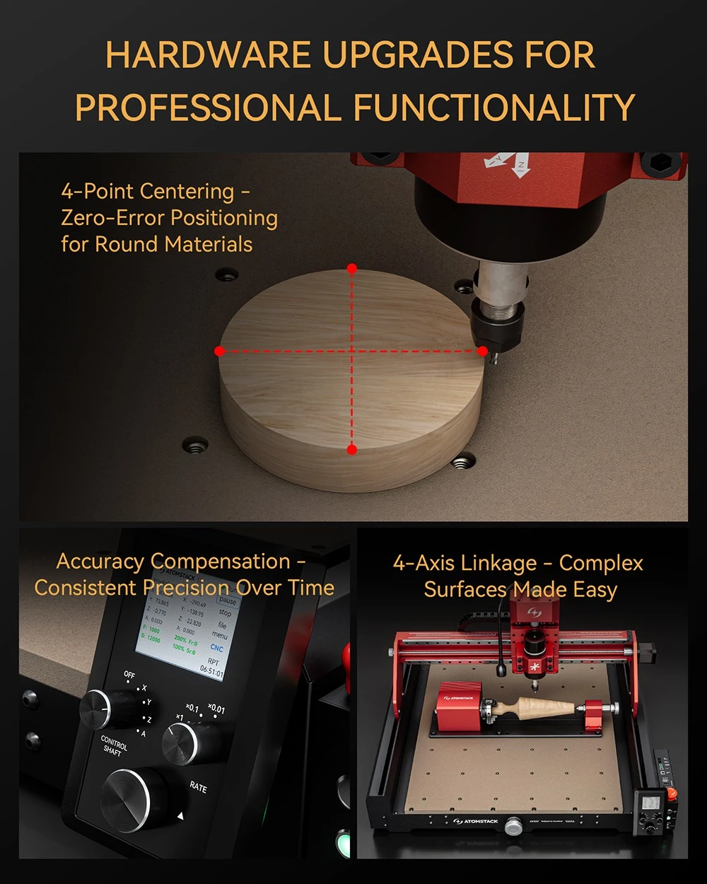 Routeur CNC AtomStack C4 Pro, broche 200 W, commande intelligente 4 axes, précision 0,01 mm, vitesse 2 000 mm/min, 12 000 tr/min, zone de travail 420 x 420 mm, compatible métal/bois/PCB