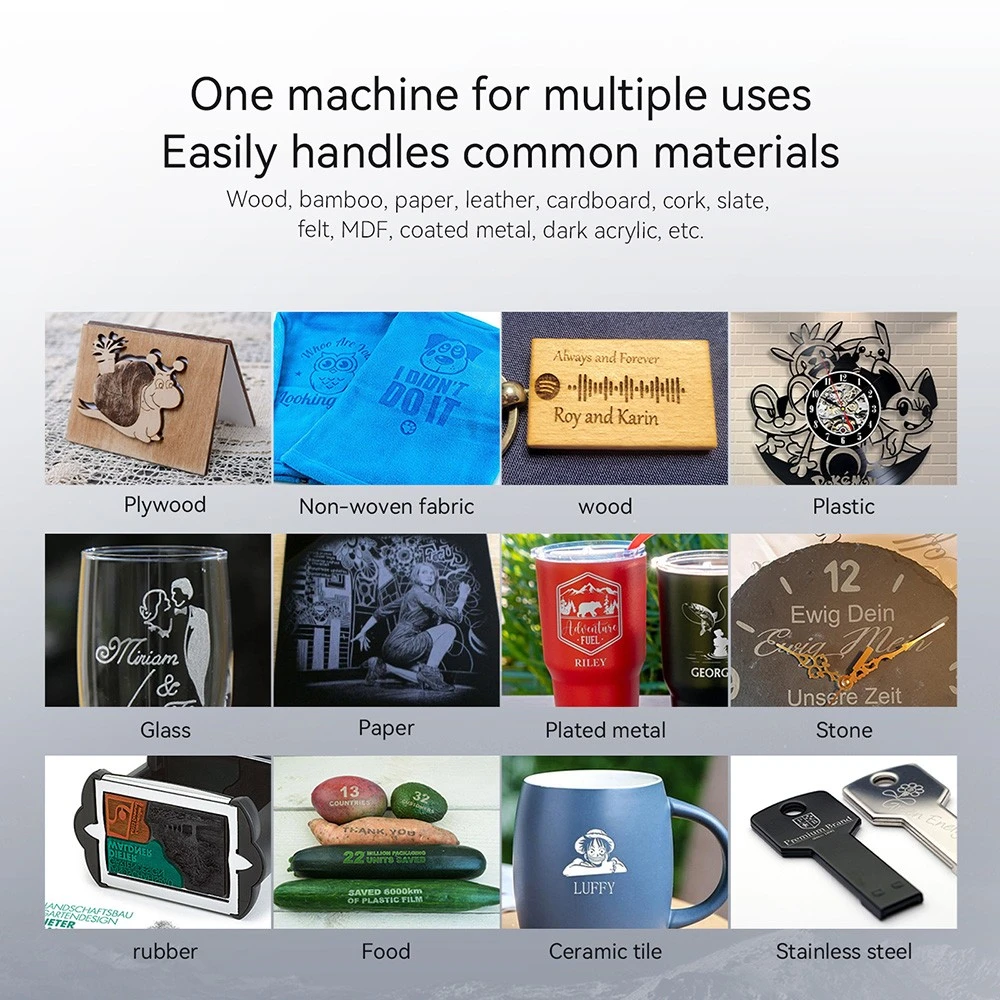 Graveur laser ATOMSTACK Swift 12 W, vitesse de 10 000 mm/min, précision de 0,1 mm, point laser de 0,08 x 0,04 mm, zone de travail de 300 x 300 mm, reconnaissance automatique des accessoires, compatible avec le bois, le cuir et l'acrylique.