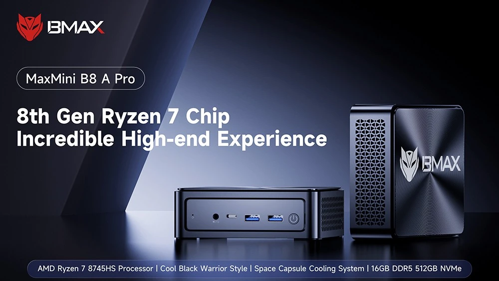 BMAX B8A Pro Mini PC, AMD R7 8745HS 8 πυρήνες μέγιστο 4,9 GHz, 16 GB RAM 512 GB SSD, DP+HDMI+Type-C 4K Τριπλή οθόνη, WiFi 6 Bluetooth 5.2, 2*USB3.0, 2*USB2.0, 1*RJ45, 1*Υποδοχή ακουστικών, Σύστημα ψύξης Space Capsule