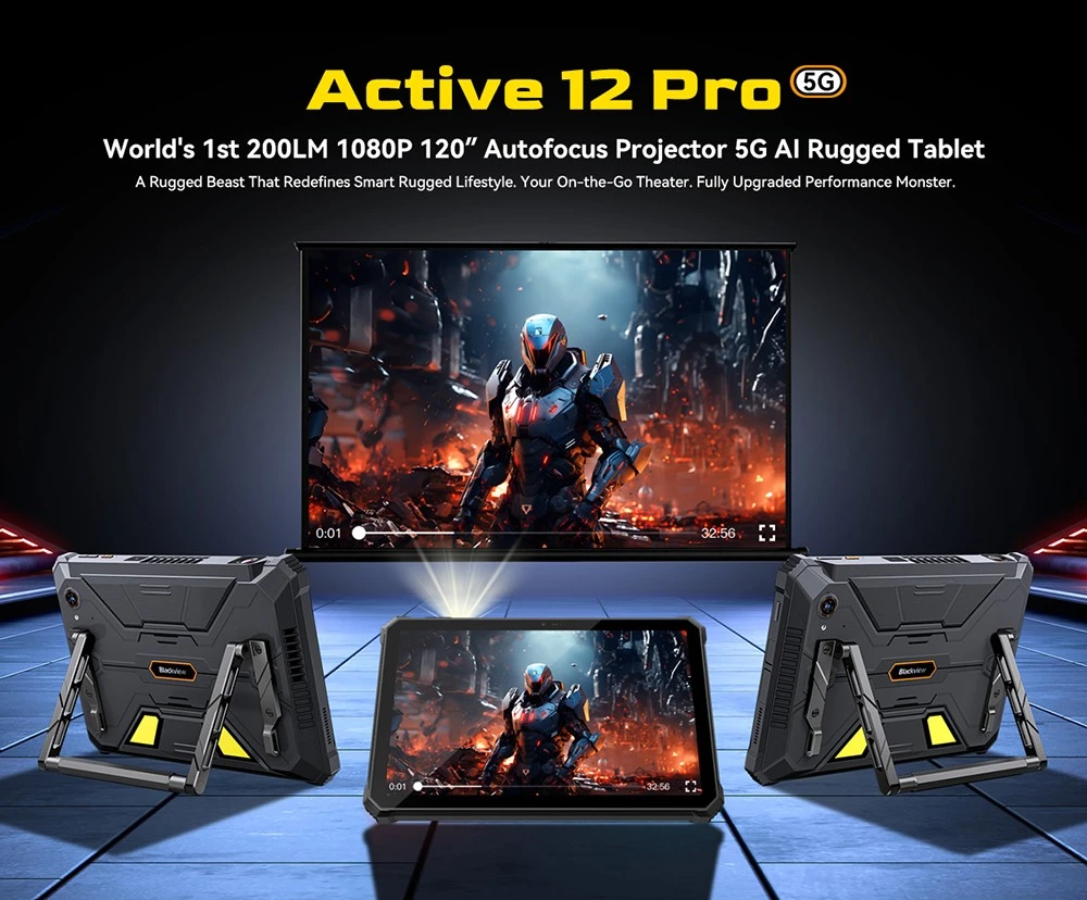 Geekbuying kuponos akciók 2025.10.27. - Több mint 20-1 termék! 34 Blackview Active 12 Pro 5G Projector AI Rugged Tablet, 200lm 120 inch 1080P Projection, Android 15, 11 inch 1920*1200 IPS Screen, MT6878 8 Cores, 16GB + 32GB Expansion RAM 1TB ROM, 30000mAh Battery, 120W Fast Charging, 50MP+108MP Camera, WiFi 6E