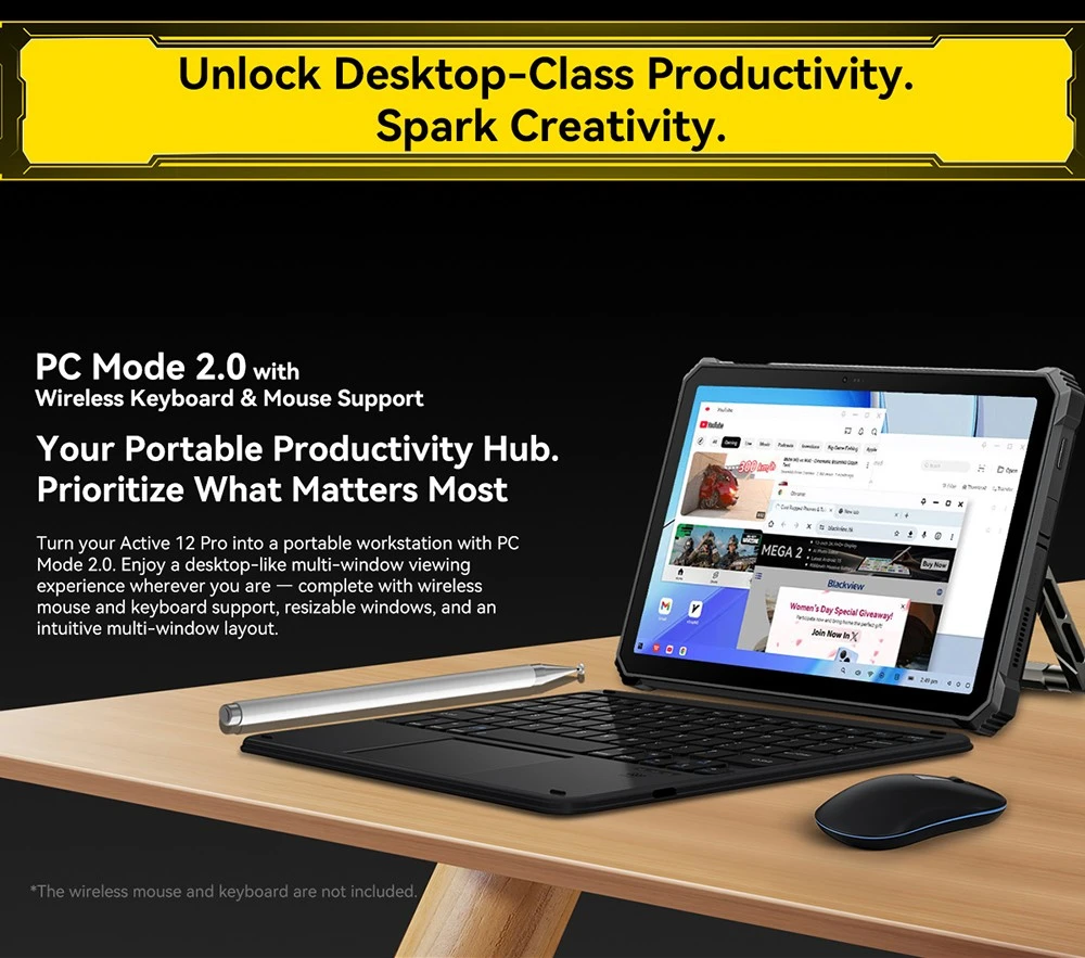 Blackview Active 12 Pro 5G Projector AI Rugged Tablet, 200lm 120 inch 1080P Projection, Android 15, 11 inch 1920*1200 IPS Screen, MT6878 8 Cores, 16GB + 32GB Expansion RAM 1TB ROM, 30000mAh Battery, 120W Fast Charging, 50MP+108MP Camera, WiFi 6E