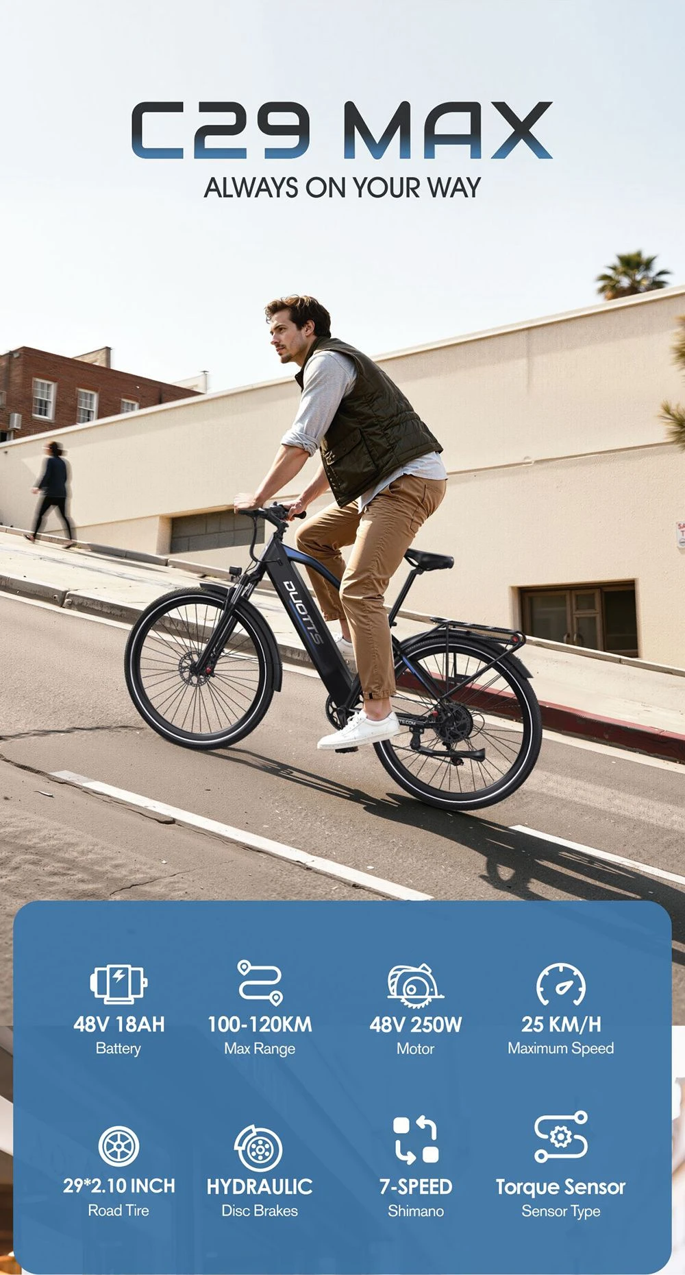 Bicicletă electrică DUOTTS C29 Max, motor de 250W, baterie de 48V 18Ah, anvelope de 29 inch, viteză maximă de 25km/h, autonomie de 120km, frâne hidraulice pe disc, suspensie furcă față, transmisie Shimano cu 7 viteze