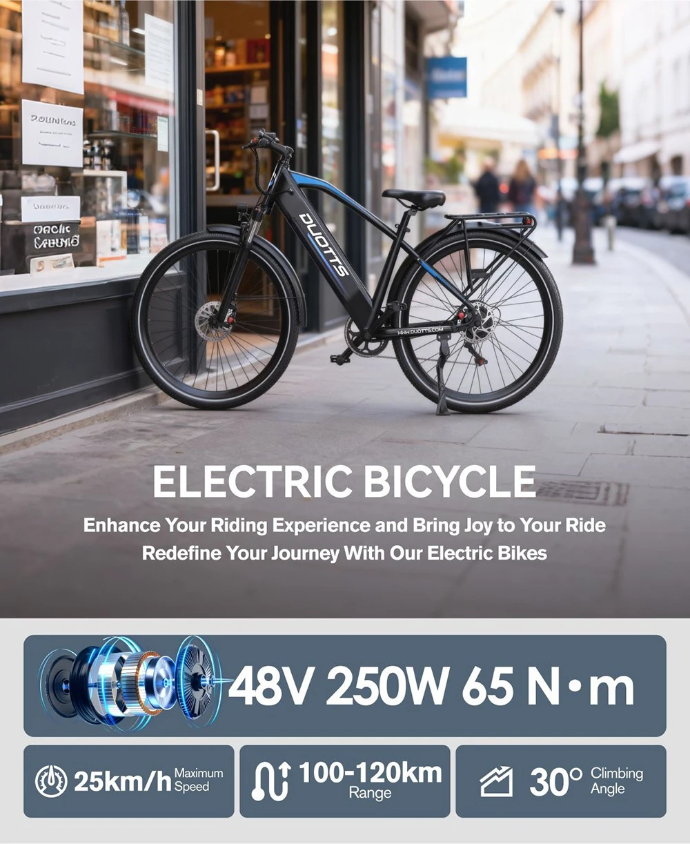 Bicicletă electrică DUOTTS C29 Max, motor de 250W, baterie de 48V 18Ah, anvelope de 29 inch, viteză maximă de 25km/h, autonomie de 120km, frâne hidraulice pe disc, suspensie furcă față, transmisie Shimano cu 7 viteze