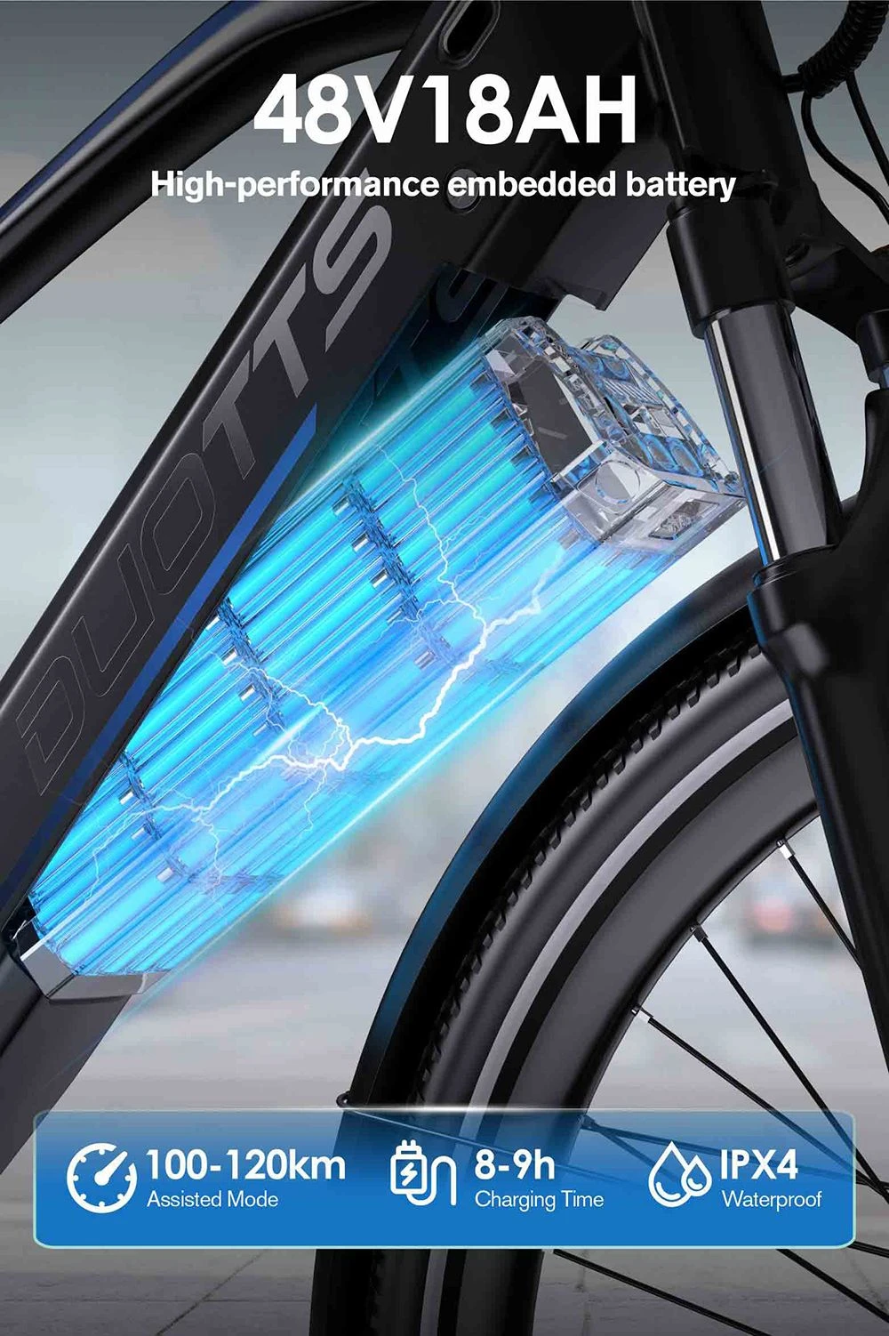 Bicicletă electrică DUOTTS C29 Max, motor de 250W, baterie de 48V 18Ah, anvelope de 29 inch, viteză maximă de 25km/h, autonomie de 120km, frâne hidraulice pe disc, suspensie furcă față, transmisie Shimano cu 7 viteze