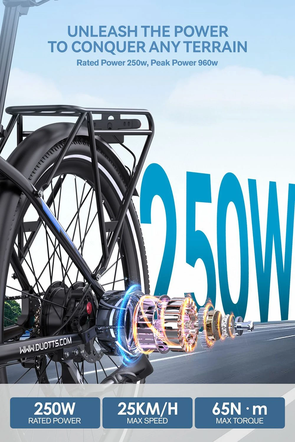 Bicicletă electrică DUOTTS C29 Max, motor de 250W, baterie de 48V 18Ah, anvelope de 29 inch, viteză maximă de 25km/h, autonomie de 120km, frâne hidraulice pe disc, suspensie furcă față, transmisie Shimano cu 7 viteze