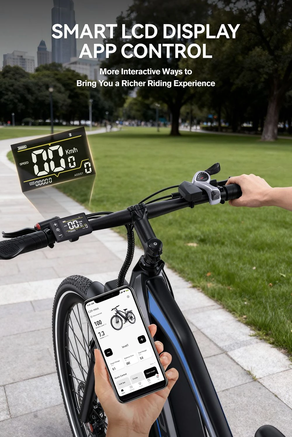 Bicicletă electrică DUOTTS C29 Max, motor de 250W, baterie de 48V 18Ah, anvelope de 29 inch, viteză maximă de 25km/h, autonomie de 120km, frâne hidraulice pe disc, suspensie furcă față, transmisie Shimano cu 7 viteze