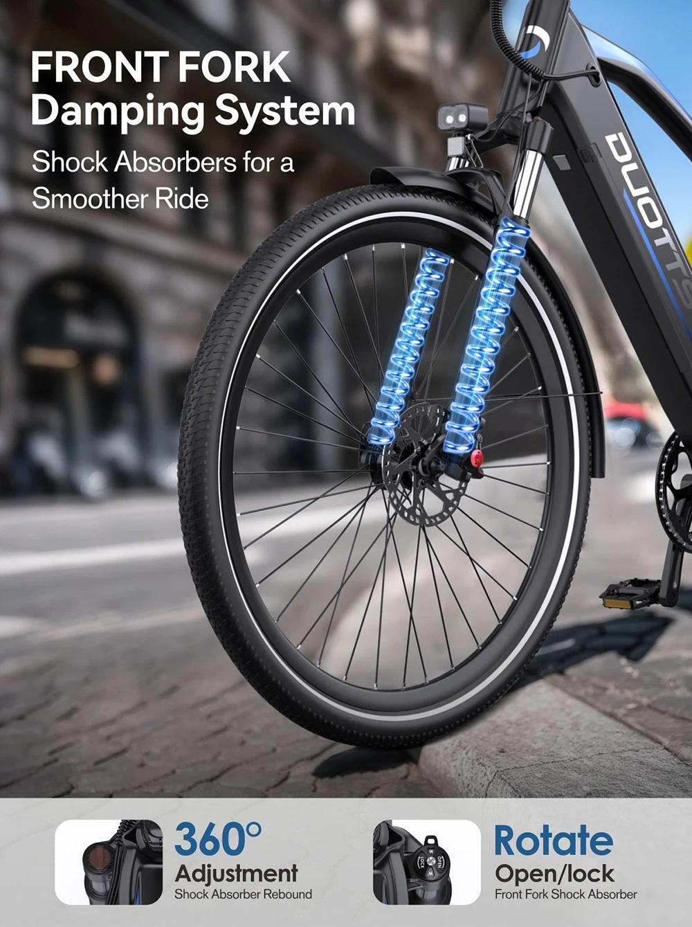 Bicicletă electrică DUOTTS C29 Max, motor de 250W, baterie de 48V 18Ah, anvelope de 29 inch, viteză maximă de 25km/h, autonomie de 120km, frâne hidraulice pe disc, suspensie furcă față, transmisie Shimano cu 7 viteze
