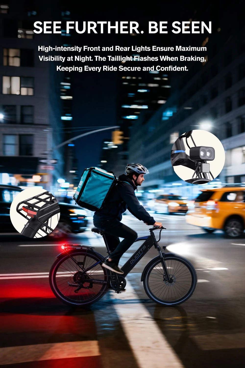 Bicicletă electrică DUOTTS C29 Max, motor de 250W, baterie de 48V 18Ah, anvelope de 29 inch, viteză maximă de 25km/h, autonomie de 120km, frâne hidraulice pe disc, suspensie furcă față, transmisie Shimano cu 7 viteze