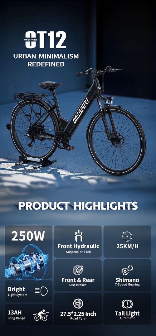 DUOTTS OT12 Electric Bike, 250W Motor, 36V 13Ah Battery, 27.5 inch Tires, 25km/h Max Speed, 65km Range, Front & Rear Mechanical Disc Brakes, Front Suspension Fork, Shimano 7-speed - Grey