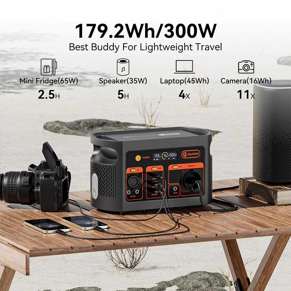 Centrale électrique portable Flashfish E103 300 W, batterie LiFePO4 179,2 Wh, recharge rapide CA, onduleur sinusoïdal pur, générateur solaire multi-sorties pour alimentation extérieure/camping/urgence