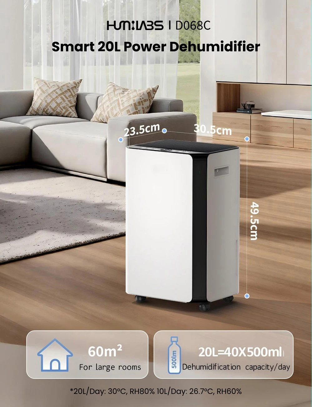 HUMILABS OL20-BD068CF Portable Dehumidifier, 20L Dehumidifier Capacity, Removable Filter, 4.5L Tank & Drain Hose, 3 Modes, 24-Hour Timer, Wi-Fi & App Control