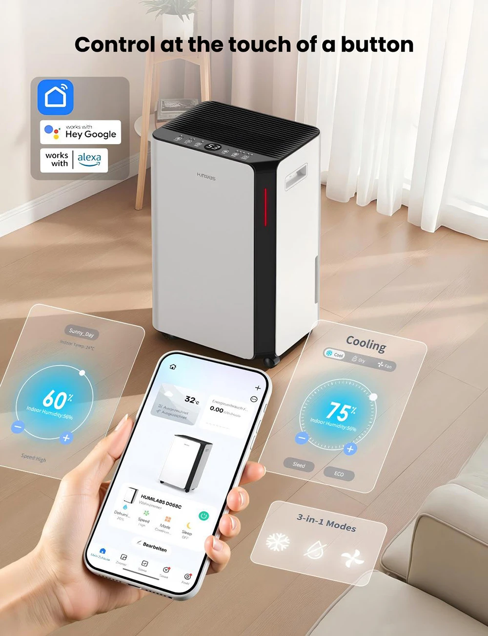 HUMILABS OL20-BD068CF Portable Dehumidifier, 20L Dehumidifier Capacity, Removable Filter, 4.5L Tank & Drain Hose, 3 Modes, 24-Hour Timer, Wi-Fi & App Control