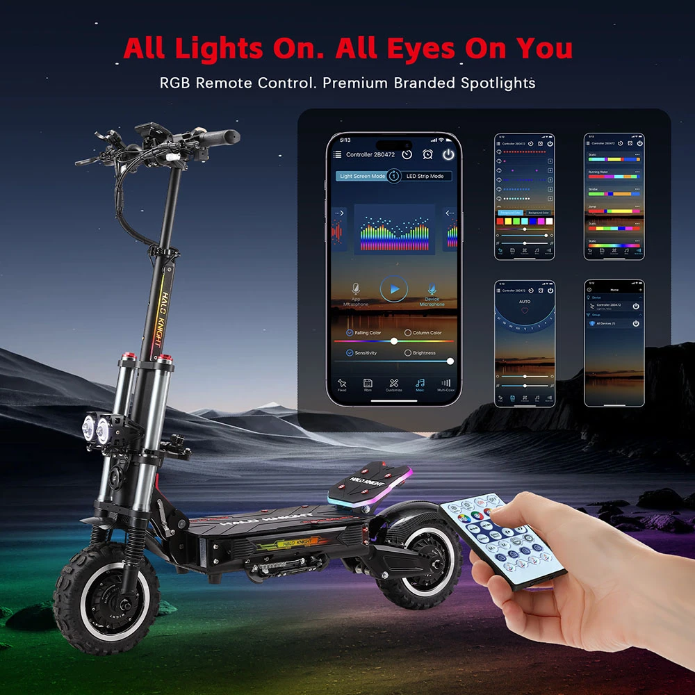 Trottinette électrique Halo Knight T107 Pro (version 2025), moteur 3000 W x 2, batterie 60 V 38,4 Ah, pneus 11 pouces, vitesse maximale 95 km/h, autonomie 80 km, doubles freins hydrauliques, suspension avant hydraulique et suspension arrière à ressorts