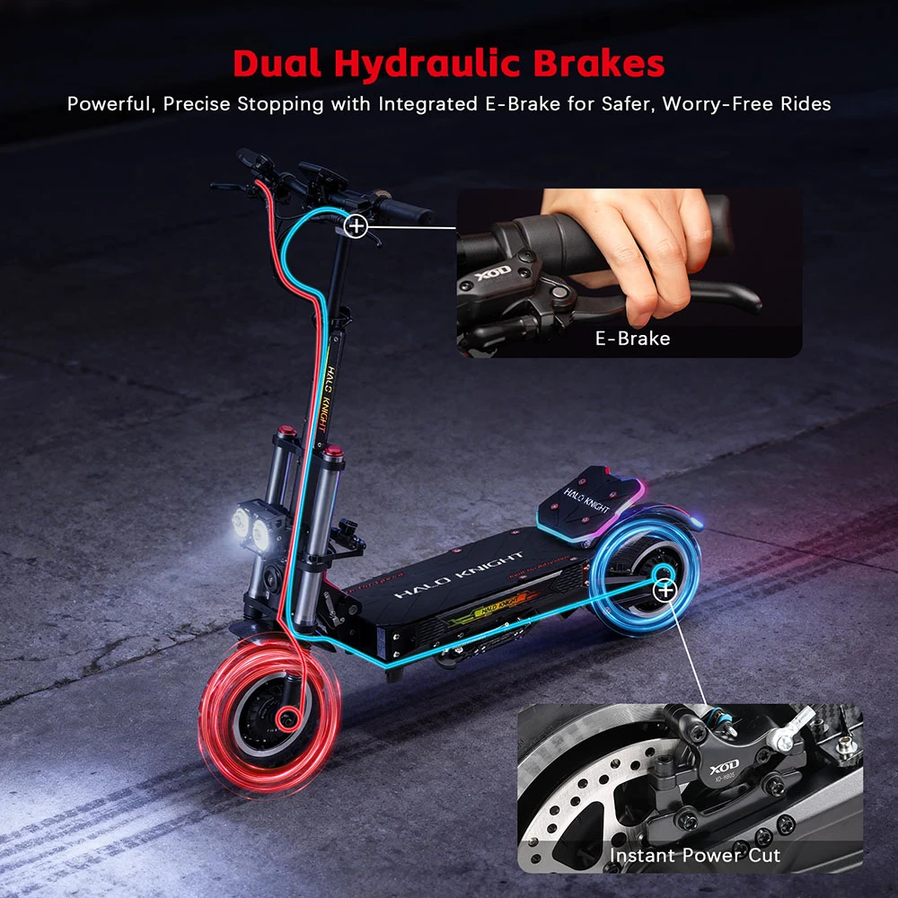 Trottinette électrique Halo Knight T107 Pro (version 2025), moteur 3000 W x 2, batterie 60 V 38,4 Ah, pneus 11 pouces, vitesse maximale 95 km/h, autonomie 80 km, doubles freins hydrauliques, suspension avant hydraulique et suspension arrière à ressorts