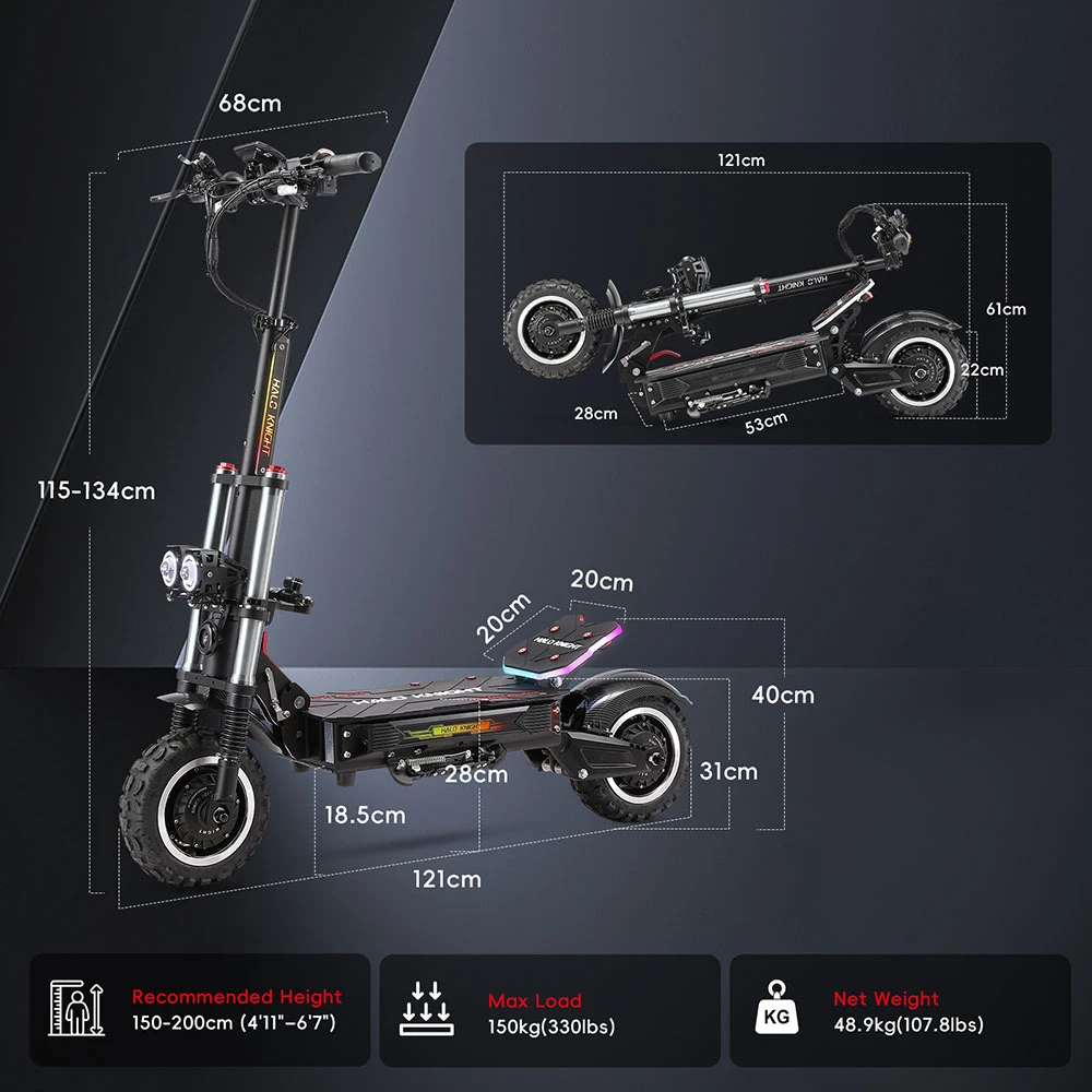 Trottinette électrique Halo Knight T107 Pro (version 2025), moteur 3000 W x 2, batterie 60 V 38,4 Ah, pneus 11 pouces, vitesse maximale 95 km/h, autonomie 80 km, doubles freins hydrauliques, suspension avant hydraulique et suspension arrière à ressorts