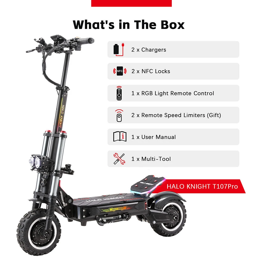 Trottinette électrique Halo Knight T107 Pro (version 2025), moteur 3000 W x 2, batterie 60 V 38,4 Ah, pneus 11 pouces, vitesse maximale 95 km/h, autonomie 80 km, doubles freins hydrauliques, suspension avant hydraulique et suspension arrière à ressorts