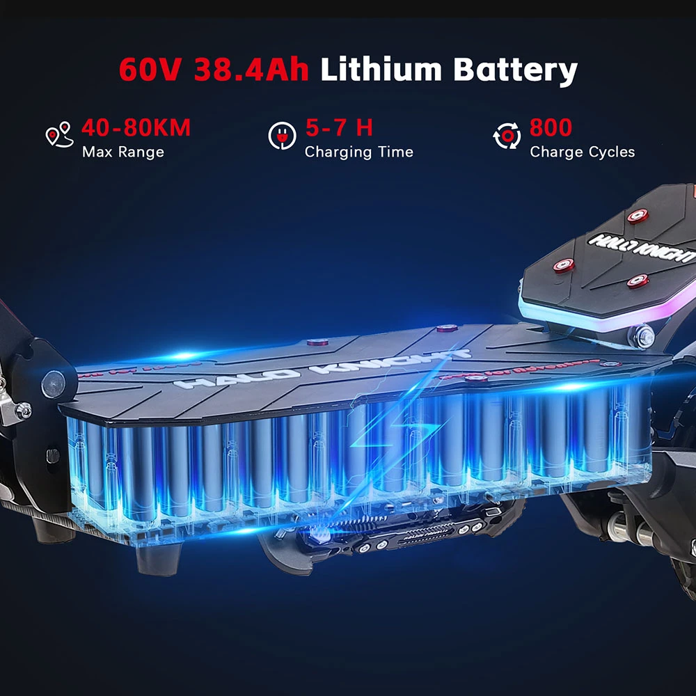 Trottinette électrique Halo Knight T107 Pro (version 2025), moteur 3000 W x 2, batterie 60 V 38,4 Ah, pneus 11 pouces, vitesse maximale 95 km/h, autonomie 80 km, doubles freins hydrauliques, suspension avant hydraulique et suspension arrière à ressorts