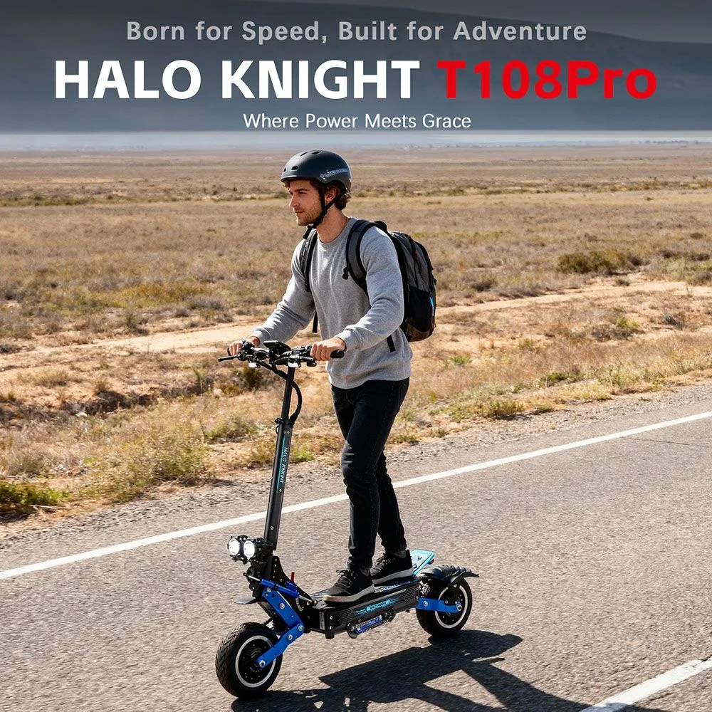 Trottinette électrique Halo Knight T108 Pro (version 2025), moteur 2 x 3 000 W, batterie 60 V 38,4 Ah, pneus 11 pouces, vitesse maximale 95 km/h, autonomie 80 km, doubles freins hydrauliques, suspensions à ressorts avant et arrière.