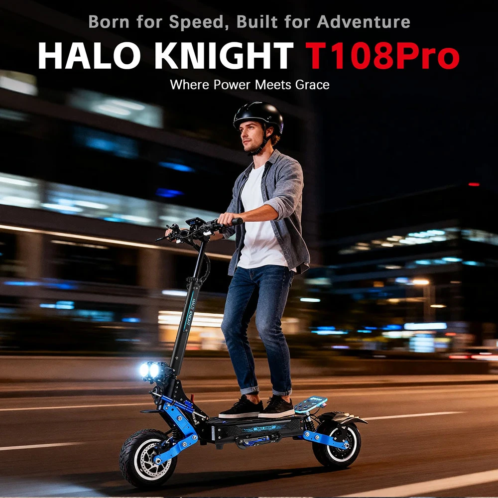Trottinette électrique Halo Knight T108 Pro (version 2025), moteur 2 x 3 000 W, batterie 60 V 38,4 Ah, pneus 11 pouces, vitesse maximale 95 km/h, autonomie 80 km, doubles freins hydrauliques, suspensions à ressorts avant et arrière.