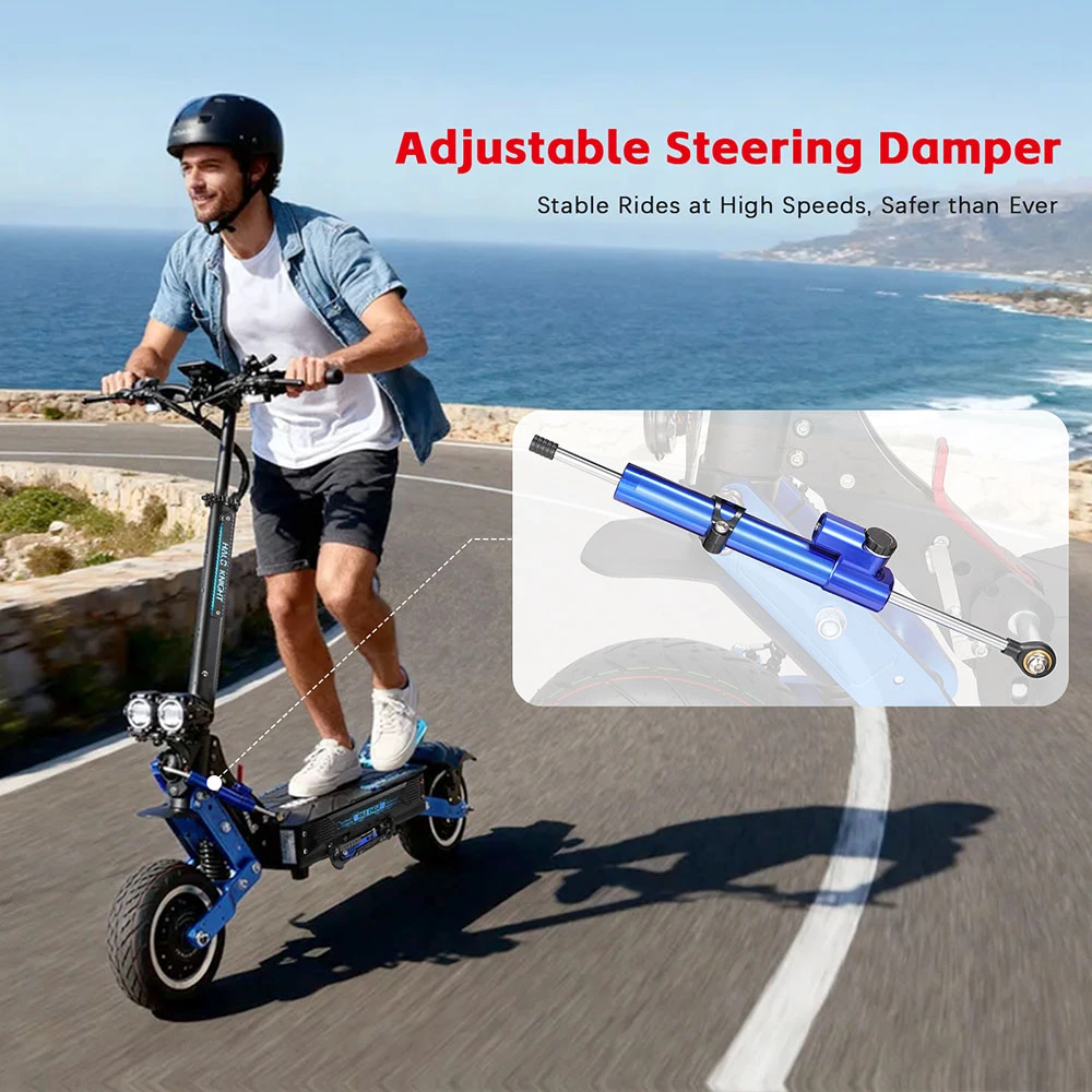 Trottinette électrique Halo Knight T108 Pro (version 2025), moteur 2 x 3 000 W, batterie 60 V 38,4 Ah, pneus 11 pouces, vitesse maximale 95 km/h, autonomie 80 km, doubles freins hydrauliques, suspensions à ressorts avant et arrière.