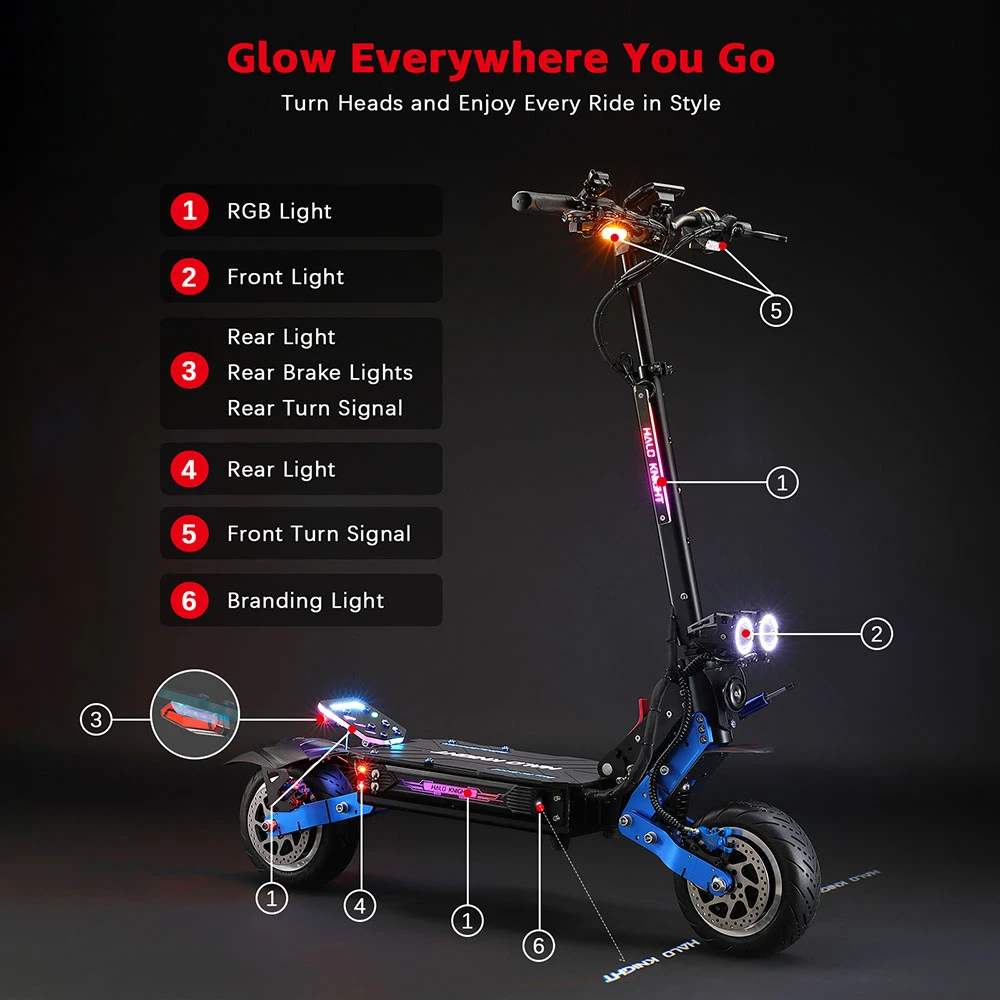 Trottinette électrique Halo Knight T108 Pro (version 2025), moteur 2 x 3 000 W, batterie 60 V 38,4 Ah, pneus 11 pouces, vitesse maximale 95 km/h, autonomie 80 km, doubles freins hydrauliques, suspensions à ressorts avant et arrière.