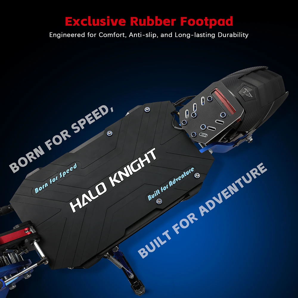 Trottinette électrique Halo Knight T108 Pro (version 2025), moteur 2 x 3 000 W, batterie 60 V 38,4 Ah, pneus 11 pouces, vitesse maximale 95 km/h, autonomie 80 km, doubles freins hydrauliques, suspensions à ressorts avant et arrière.