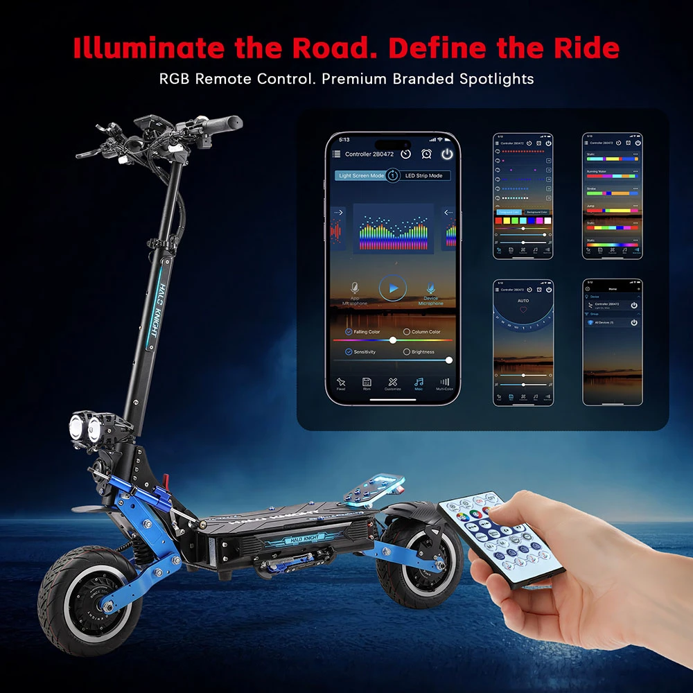 Trottinette électrique Halo Knight T108 Pro (version 2025), moteur 2 x 3 000 W, batterie 60 V 38,4 Ah, pneus 11 pouces, vitesse maximale 95 km/h, autonomie 80 km, doubles freins hydrauliques, suspensions à ressorts avant et arrière.